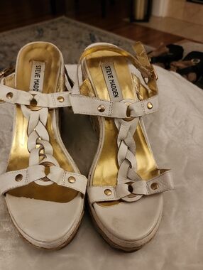 Steve Madden White Braided T-Strap Wedge Sandals with Gold Footbed